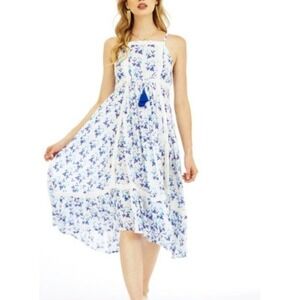 Tiare Hawaii Blue Floral Maxi Dress Boho Lace Tassels Size S/M